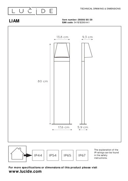 Lucide LIAM - Pollerleuchte - 1xGU10 - IP44 - Anthrazit - TECHNISCH